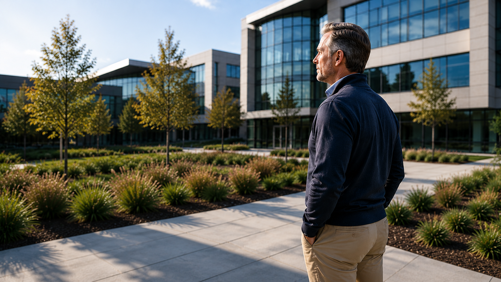 A manager reviewing operations outside a modern office